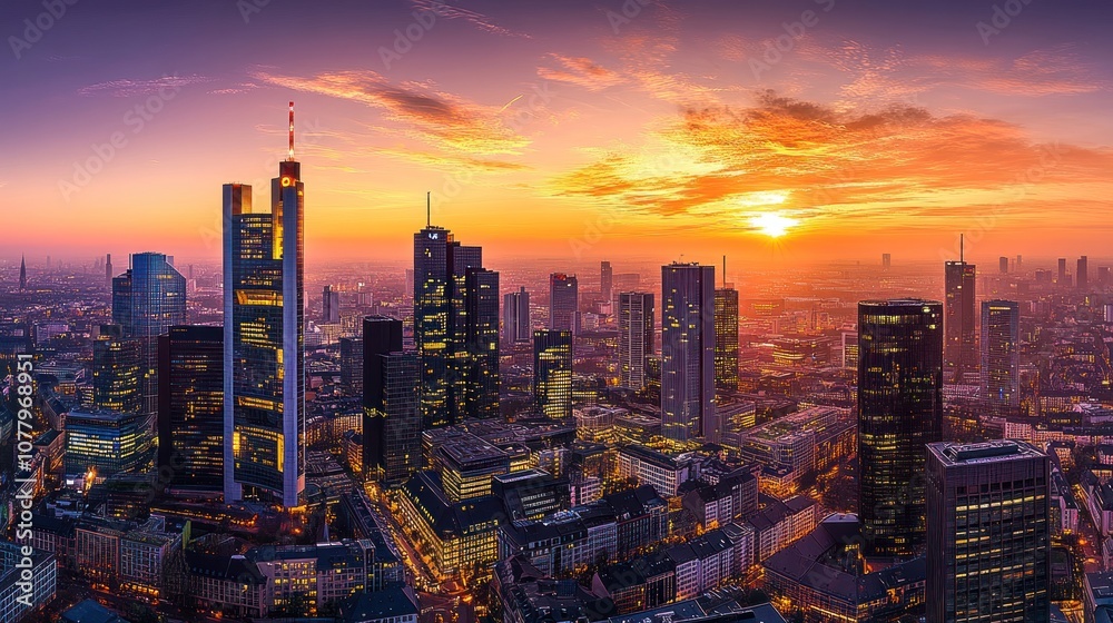 Fototapeta premium A panoramic view of the Frankfurt skyline at sunset, with skyscrapers reaching for the colorful sky.