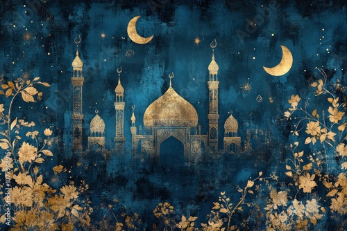 Golden Mosque Silhouette Against a Blue Night Sky with Moons and Stars photo