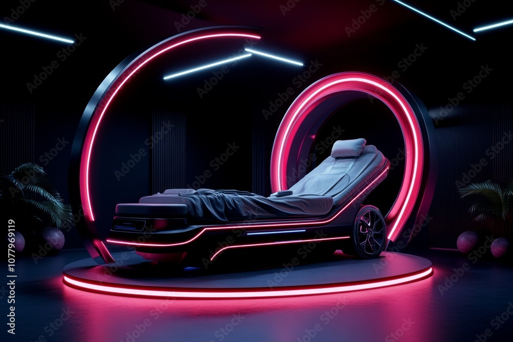 Naklejka premium A cyberpunk medical lab with neon lights and futuristic technology, symbolizing high-tech healthcare in a dystopian world