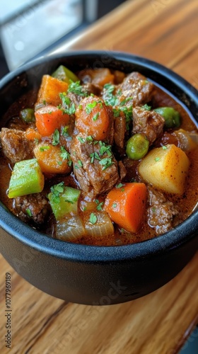 Hearty bowl of goulash soup with tender beef and vegetables for comfort food enjoyment