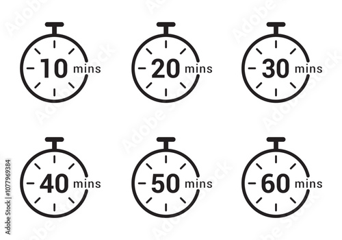Timer clock stopwatch vector icon. Stopwatch icon set. Timer sign. Timer icon set, timer from 10 to 60 minutes, vector illustration. 10, 20, 30, 40, 50, 60 min clock.