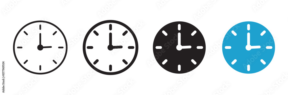 Set of clock icons. Clock, time. Hours dial. Watch time. Business deadline. Time clock icon. Wall clock vector icon. Schedule timer sign for UI designs.