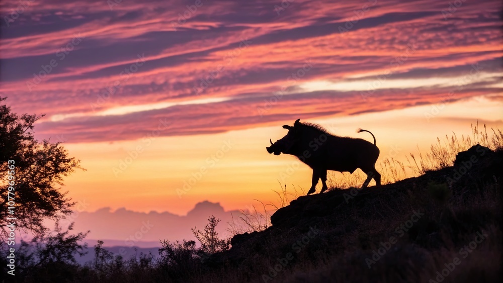 Majestic Silhouette of a Warthog Against a Dramatic Sunset Sky in a Natural Habitat, Capturing the Essence of African Wildlife in Stunning Contrast and Detail Majestic Silhouette of a Warthog Against a Dramatic Sunset Sky in a Natural Habitat, Capturing the Essence of African Wildlife in Stunning Contrast and Detail