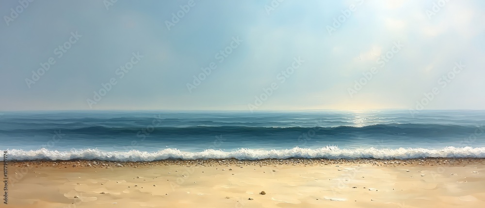 Serene beach scene with gentle waves and a clear sky. Serene beach scene with gentle waves and a clear sky.