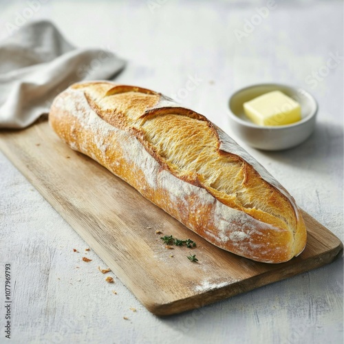 A freshly baked baguette with a crispy crust and soft interior, elegantly placed on a wooden cutting board, Baguette centered