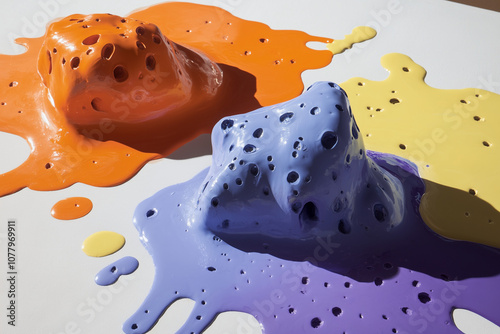 Vivid 3D blobs of oil paint in complementary color schemes (orange, purple and yellow), casting dramatic, soft shadows. photo