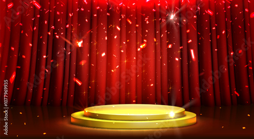 Illuminated golden podium stands before red velvet drapes. Circular stage glows with spotlight beneath scattering sparkles. Theater setting with maroon curtain backdrop and shimmering light effects.