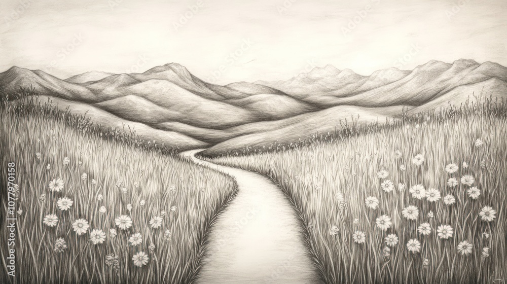 Fototapeta premium A winding path through a field of wildflowers leading to a mountain range, drawn in black and white pencil.