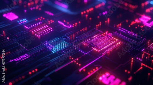 A close-up of a futuristic circuit board with glowing pink and blue lines and dots, representing the power of technology and innovation.