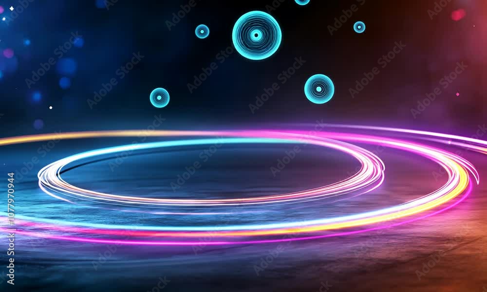 Abstract background with colorful neon light trails on dark surface.