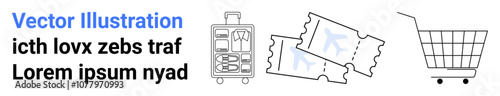 Luggage with handle, two plane tickets, and a shopping cart in line art style in black and blue. Ideal for travel, shopping, events, e-commerce, tourism, ticketing, minimal design. Banner for landing
