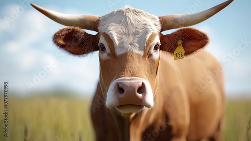 Realistic Portrait of a Healthy Cow Grazing in a Sunny Pasture with Blue Skies, Ideal for Livestock Health and Farming Illustrations photo