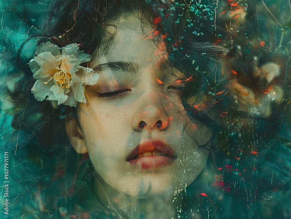 Dreamy Portrait of a Woman with a Flower in Her Hair Dreamy Portrait of a Woman with a Flower in Her Hair