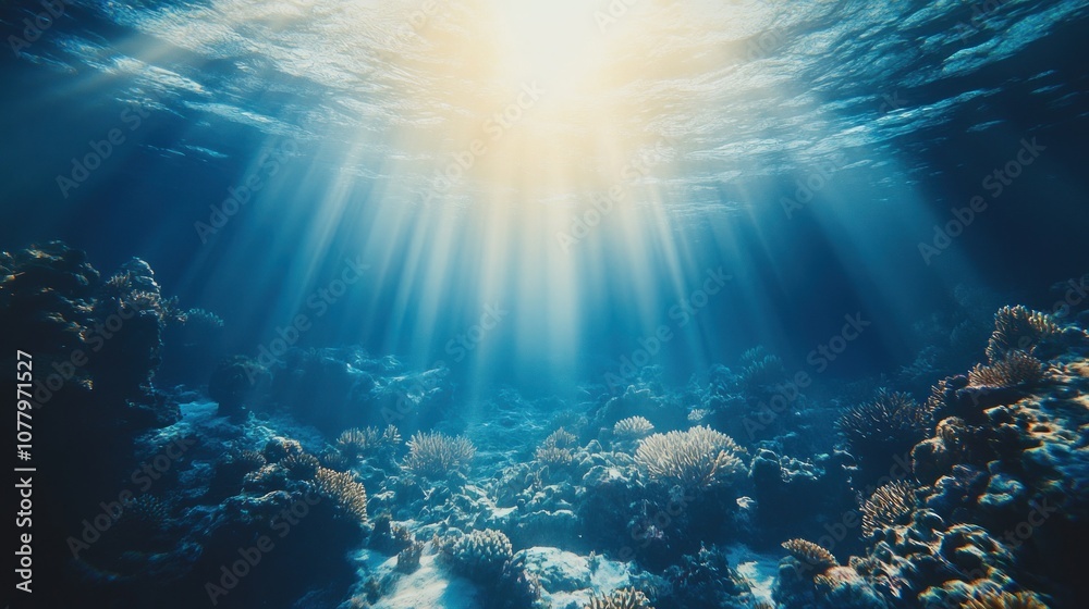 Fototapeta premium Sunbeams shine through the crystal-clear water, illuminating a vibrant coral reef.