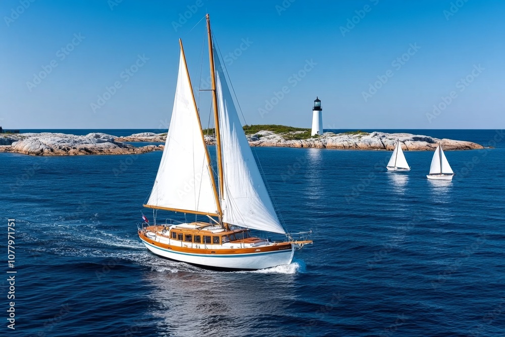 Fototapeta premium A lighthouse in the distance with sailboats passing by, capturing a classic nautical vibe
