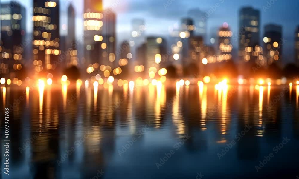 Blurred cityscape with city lights reflected in water.