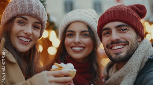 Joyful montenegrin gathering enjoying priganice at festive winter market