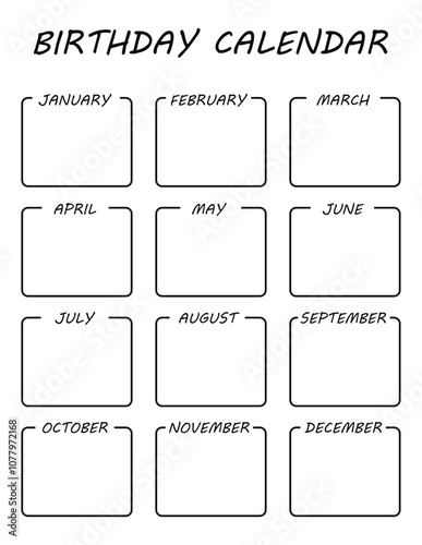 Birthday calendar. Monthly planner and birthday list template. Ruled months organizer, diary, planner to do list for important goals. Modern organizer and schedule. Vector background