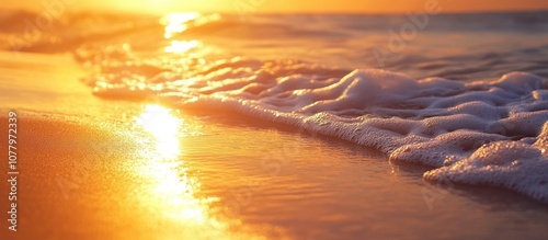Close-up of foamy ocean waves lapping on a sandy beach at sunset. The sun's reflection shimmers in the water.