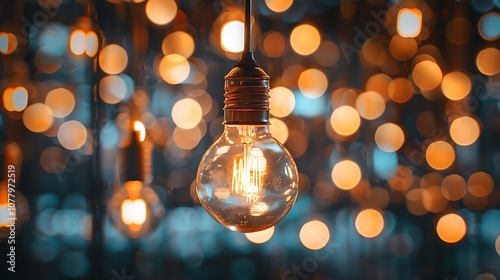 Vintage incandescent light bulb glowing with bokeh background