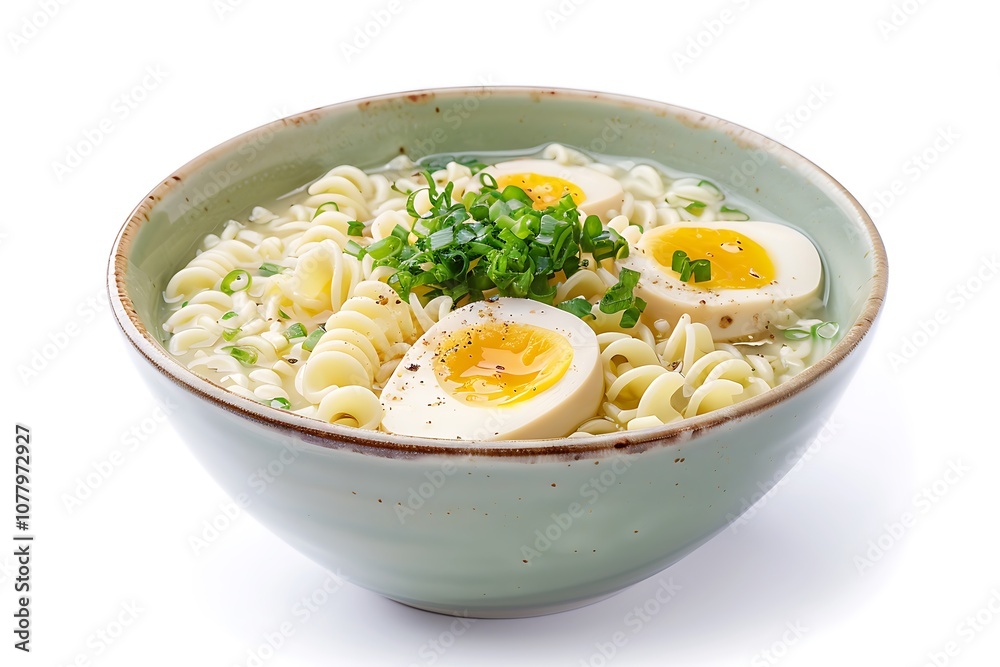 Ramen soup with boiled eggs and parsley isolated on white background Ramen soup with boiled eggs and parsley isolated on white background