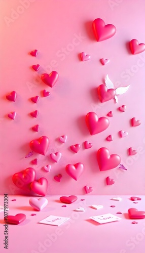 Playful Valentine background with cartoon-style hearts, cupid arrows, and love notes on a bright pink canvas.