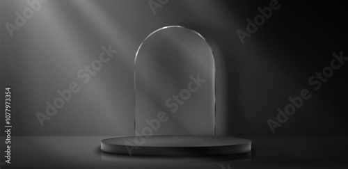 Round podium with glass arch decoration on black background. Vector realistic illustration of luxury product presentation platform, dark showroom with display for jewelry gift, advertising background