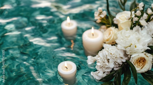 Minimalist flat lay celebrating cirio de nazaré with candles and flowers photo