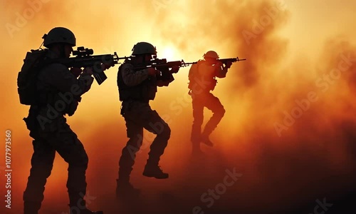 Silhouetted Soldiers Advancing Through Smoke and Dust
