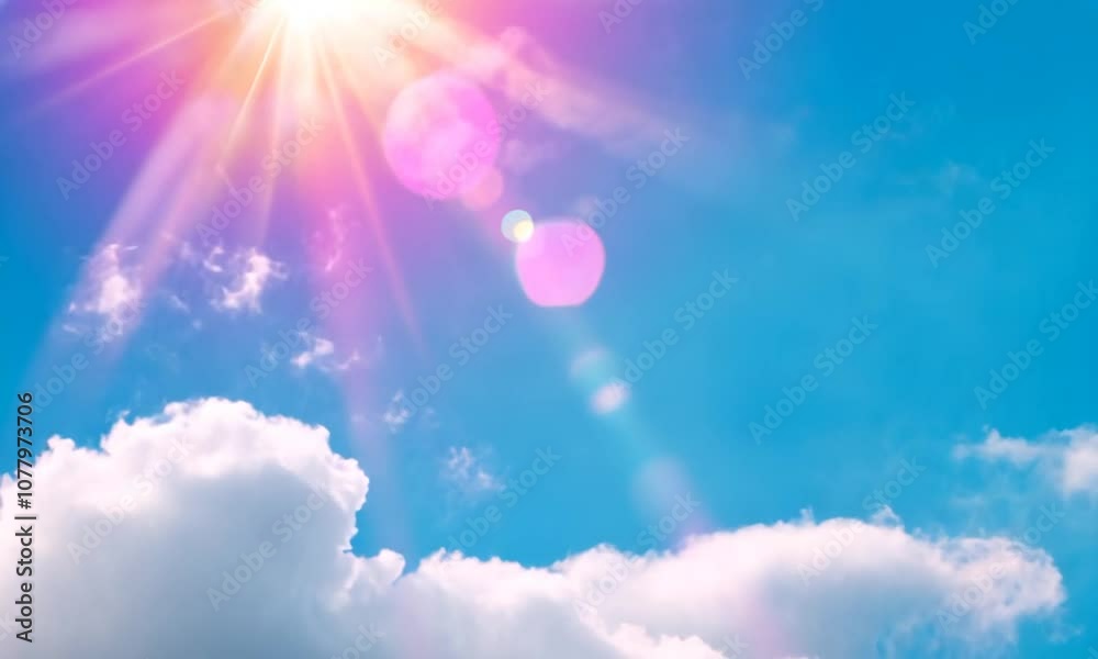 Soft, blurred background of a blue sky with white clouds and sun glare. Soft, blurred background of a blue sky with white clouds and sun glare.