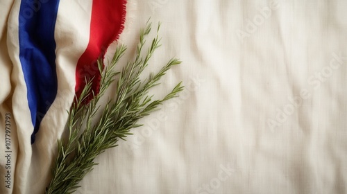 Minimalist flat lay celebrating french victory day with flag and rosemary photo