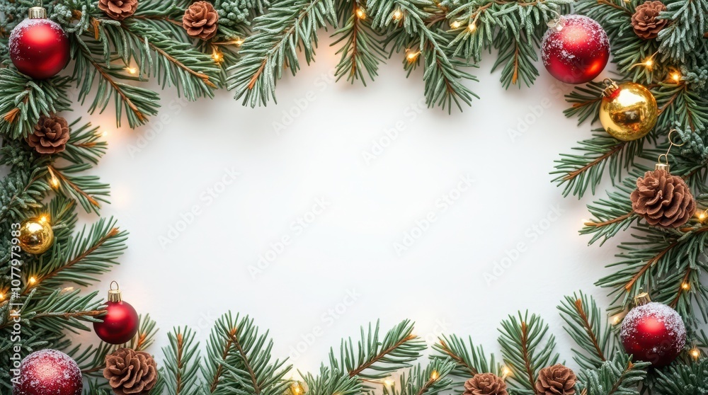 Christmas frame with pine branches and ornaments Christmas frame with pine branches and ornaments