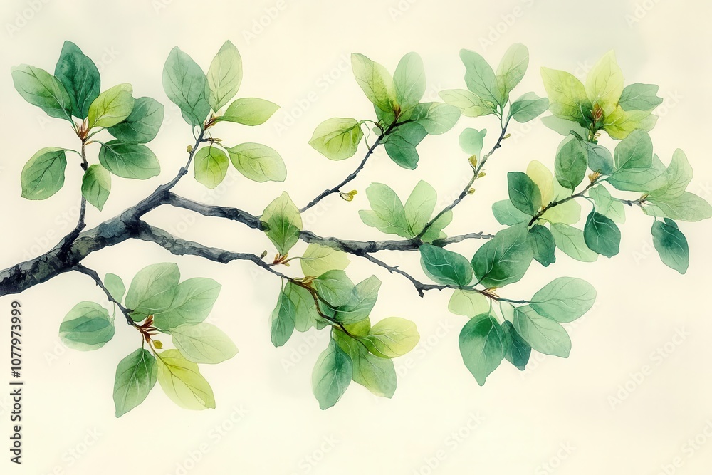 Obraz premium watercolor illustration of a delicate tree branch featuring lush leaves and intricate details set against a plain background that emphasizes the beauty of natures design