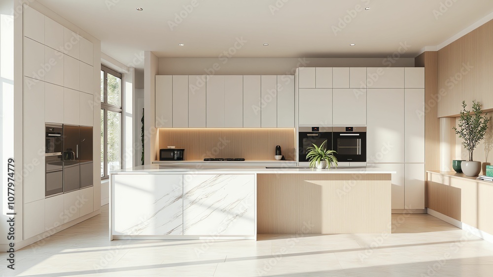 Minimalist and elegant kitchen with marble for floors and wall tiles Minimalist and elegant kitchen with marble for floors and wall tiles