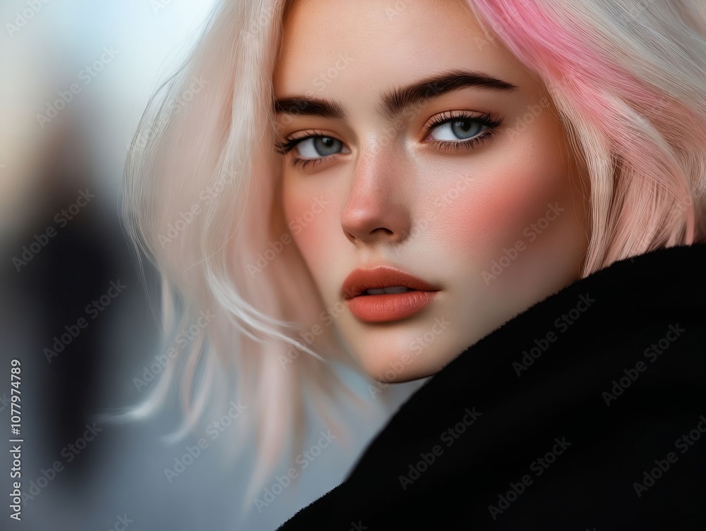 A woman with pink hair and blue eyes wearing a black coat A woman with pink hair and blue eyes wearing a black coat