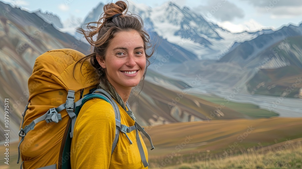 Smiling Woman with Backpack in Mountainous Landscape Smiling Woman with Backpack in Mountainous Landscape