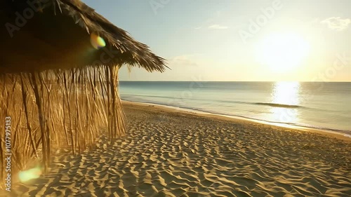 leaves gentle waves sunset light create serene tropical vibe perfect capturing essence relaxation seaside tranquility sun glow ray beam grass leaf bungalow ocean shore sea background morning nature