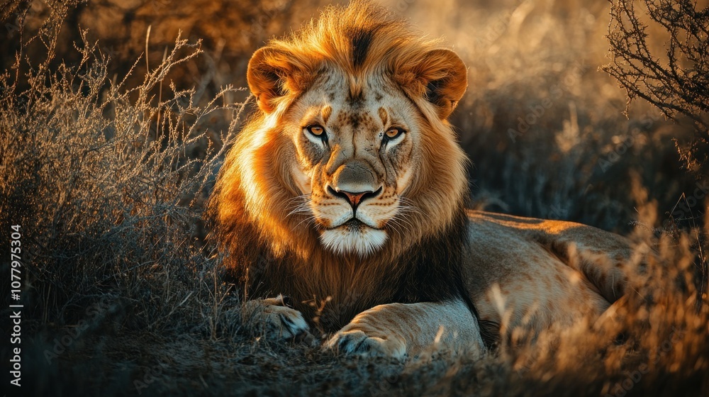 Fototapeta premium A majestic lion with a golden mane stares intensely at the camera, sitting in tall grass with a warm, golden light behind it.