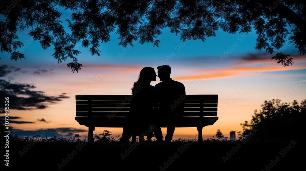 Fototapeta premium A couple silhouetted on a park bench, gazing into each other's eyes as the sun sets behind them.