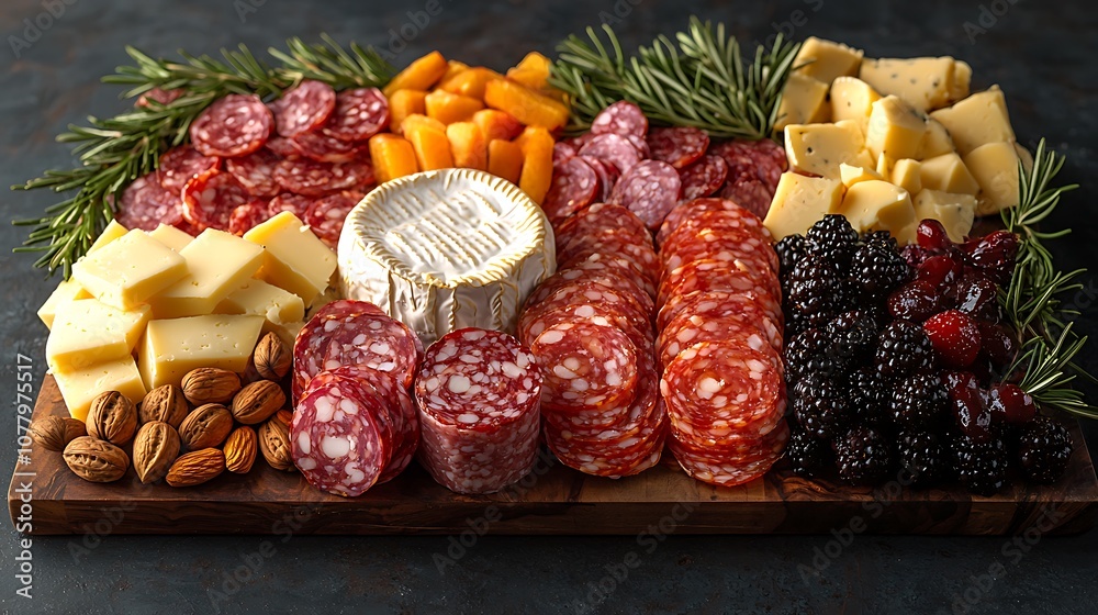 A wooden board filled with a variety of cheeses, cured meats, berries, and almonds. A wooden board filled with a variety of cheeses, cured meats, berries, and almonds.
