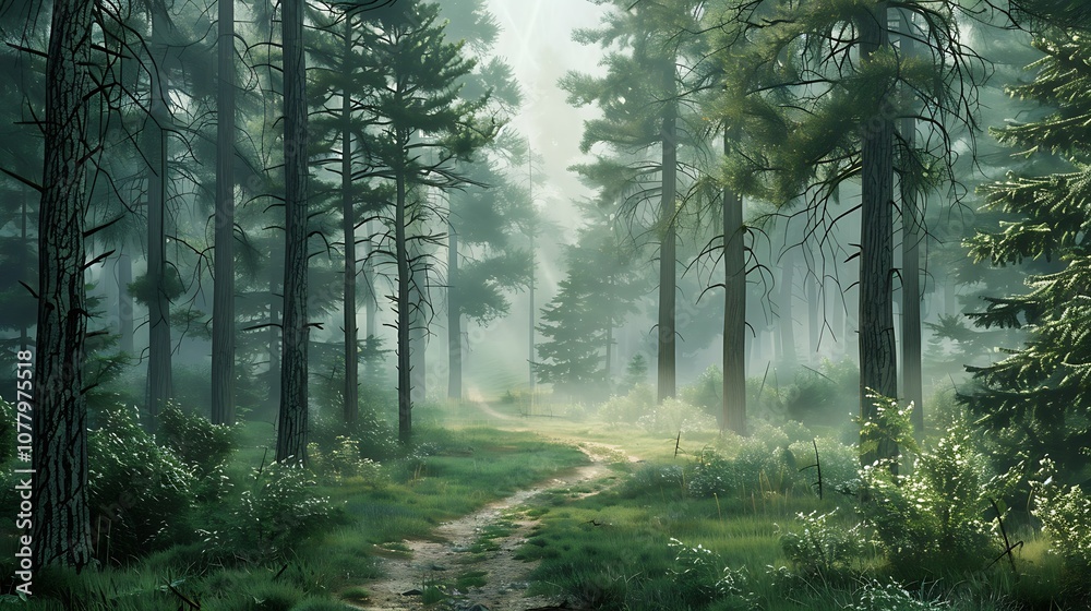 Fototapeta premium Foggy morning in the pine forest