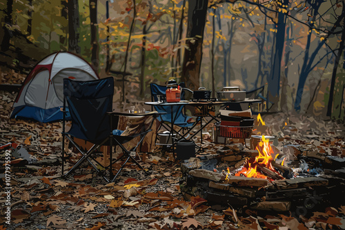 Fall campsite with campfire and orange tent Empty Chairs and Benches Around a Campfire in Autumn