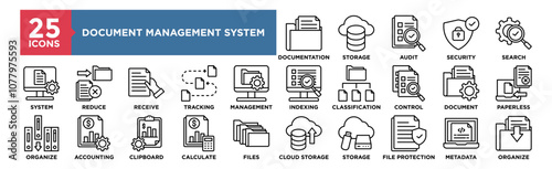 Document Management System icon collection set. Containing design Documentation, Storage, Audit, Security, Search, System