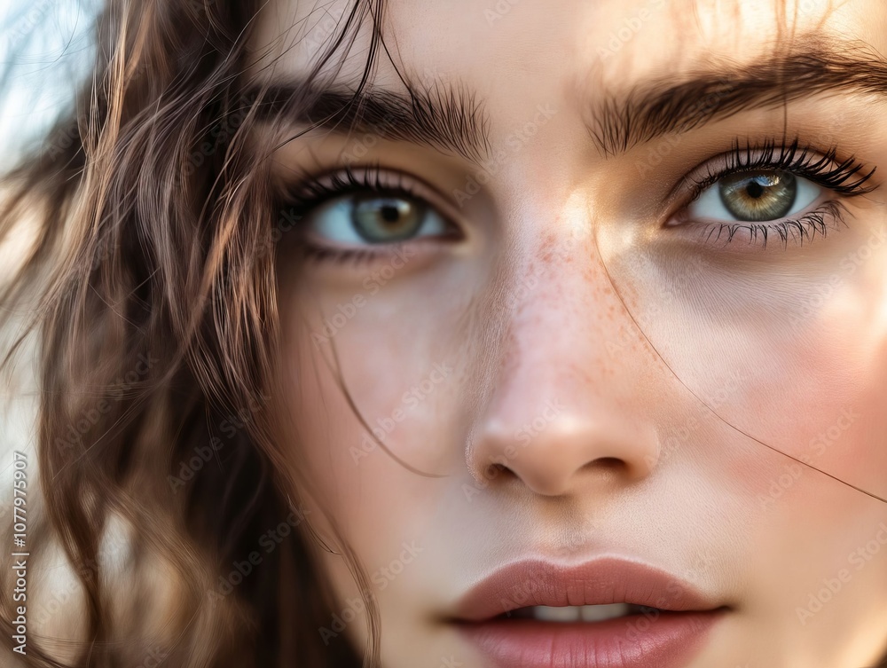 A close up of a woman's face with freckles on her face A close up of a woman's face with freckles on her face