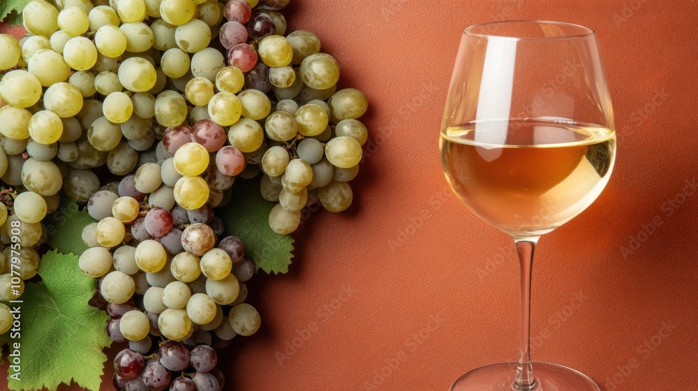 Minimalist flat lay of argentine grape harvest with glass of white wine Minimalist flat lay of argentine grape harvest with glass of white wine