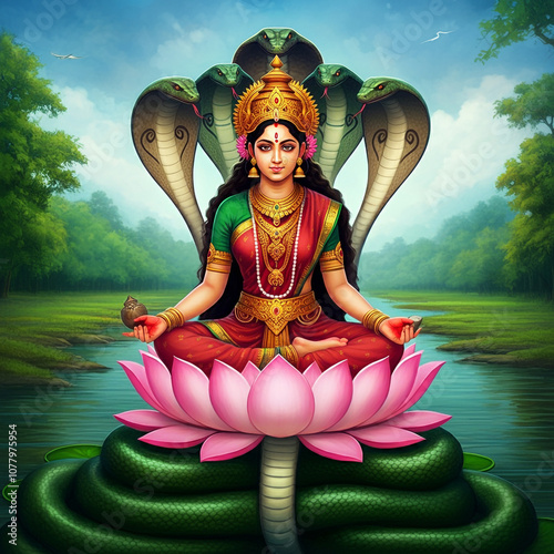 Goddess Manasa Devi seated on a lotus with a cobra hood, symbolizing protection, fertility, and prosperity, revered as the goddess of snakes in Hindu culture photo