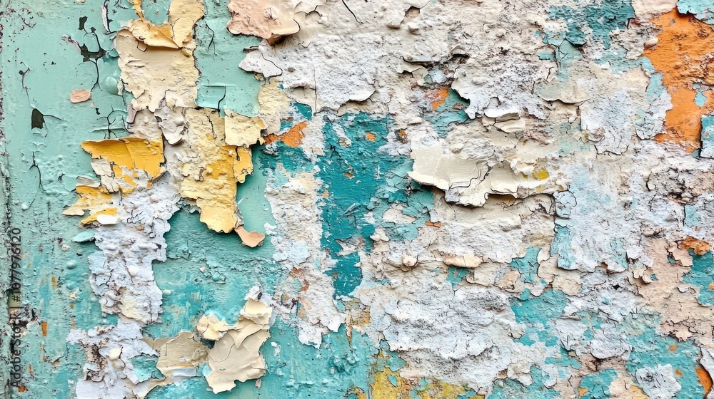 Obraz premium Close-up of a weathered, peeling wall with blue, yellow, and orange paint. The paint has chipped and flaked away revealing the raw plaster underneath.