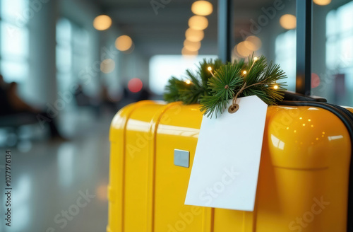 Yellow suitcase with holiday decor: festive travel vibes at the airport photo