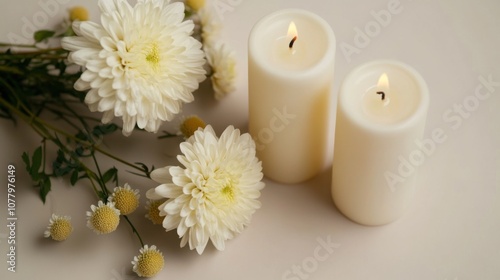 Minimalist flat lay of candles and chrysanthemums for french toussaint commemoration