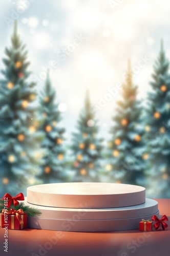 Winter scene, product display podium, white circular platform, pine trees, snowy forest background, bokeh lights, red Christmas ornaments, festive atmosphere, soft lighting, blurred background, holida photo